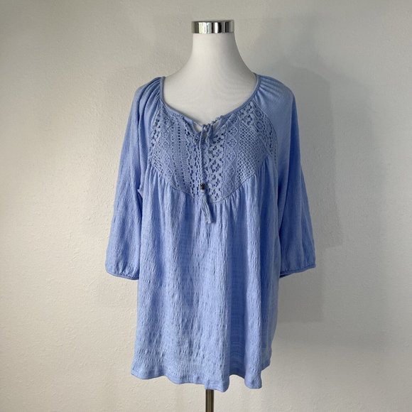 Faded Glory Womans Blouse Top 2X 18W 20W Blue 3/4 Sleeve Embroidered Tassels - Picture 2 of 12